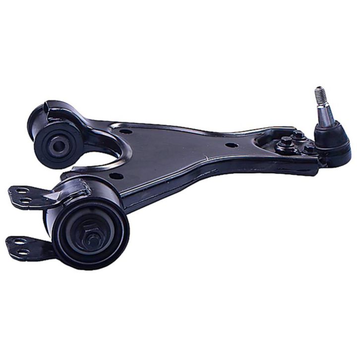 The CB90423 ProSeries OE+ Control Arm is a black metal car suspension control arm that includes bushings and a ball joint.