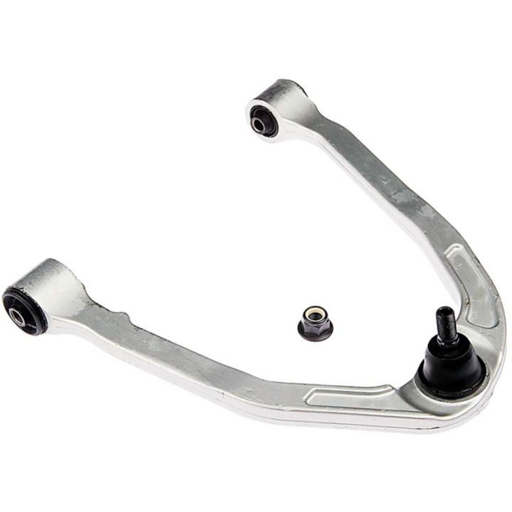 A CB61027 ProSeries OE+ Control Arm in silver, featuring a ball joint and a small separate nut, displayed on a white background.