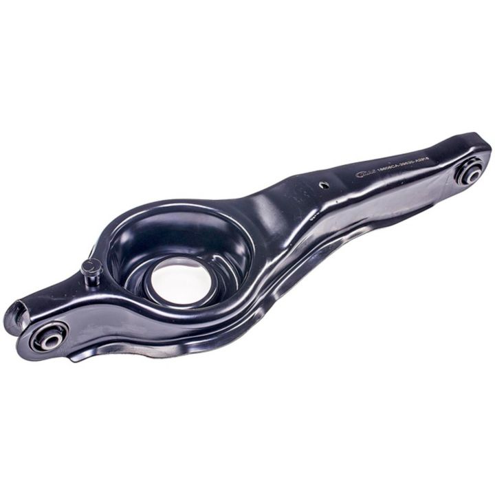 The CA65530 ProSeries OE+ Control Arm is a black metal car suspension control arm featuring a circular central bracket and bushings on either end.