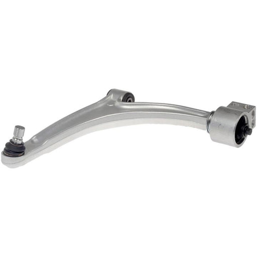 The CB90203 ProSeries OE+ Control Arm is a silver vehicle component featuring one rubber bushing and a ball joint at each end, showcased on a white background.