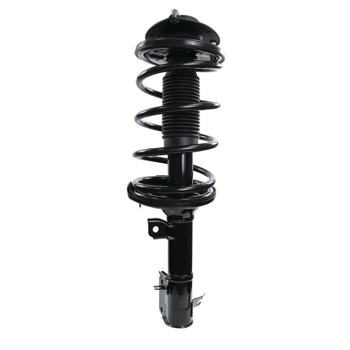 The 282730 Monroe RoadMatic Complete Strut Assembly featuring a black automotive shock absorber with a coil spring is isolated on a white background.