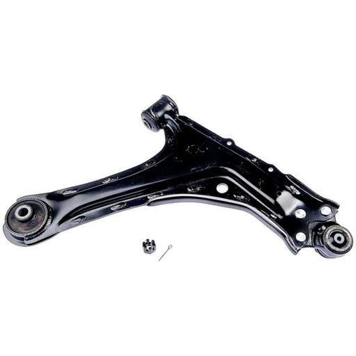 A CB90173 ProSeries OE+ Control Arm in black, featuring attached bushings along with a small separate pin and retaining clip, set against a white background.