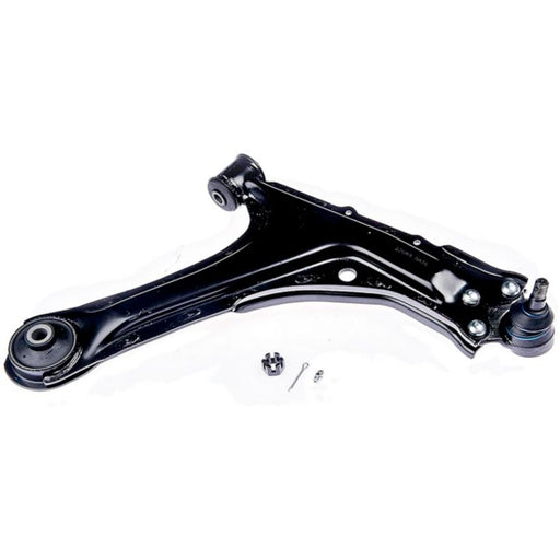 The CB90174 ProSeries OE+ Control Arm is a black car suspension control component that includes two bushings, a ball joint, and small accompanying hardware parts.
