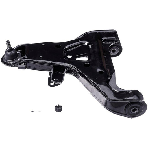 A black metal CB90153 ProSeries OE+ Control Arm with a ball joint and an additional small component next to it on a white background.