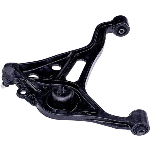 The CB73083 ProSeries OE+ Control Arm is a black, triangular-shaped car control arm featuring mounting bushings at each end and a ball joint.