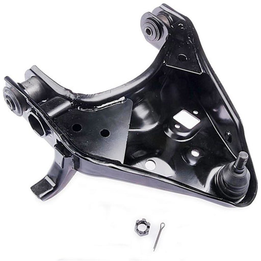 A CB85154 ProSeries OE+ Control Arm in black with included hardware, including a nut and a cotter pin, placed below it.