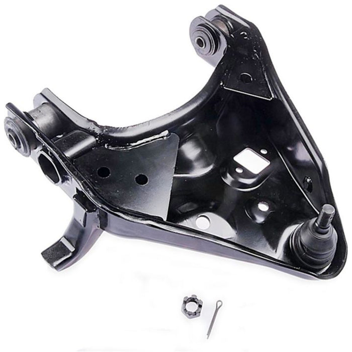 A CB85154 ProSeries OE+ Control Arm in black with included hardware, including a nut and a cotter pin, placed below it.