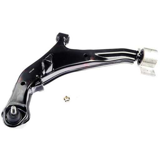 The CB69003 ProSeries OE+ Control Arm, made of black metal and including bushings, is displayed on a white background with a small nut positioned nearby.