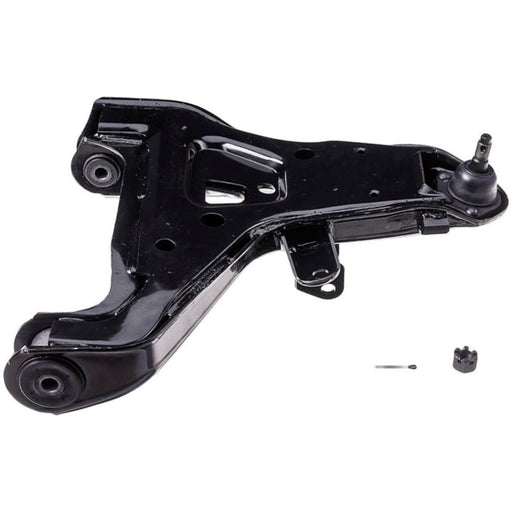 A CB90154 ProSeries OE+ Control Arm in black, featuring mounting holes and bushings, complete with a small screw and a cotter pin.