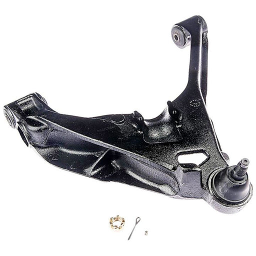 A CB81173 ProSeries OE+ Control Arm in black, complete with a cotter pin, castle nut, and other small components, displayed against a white background.