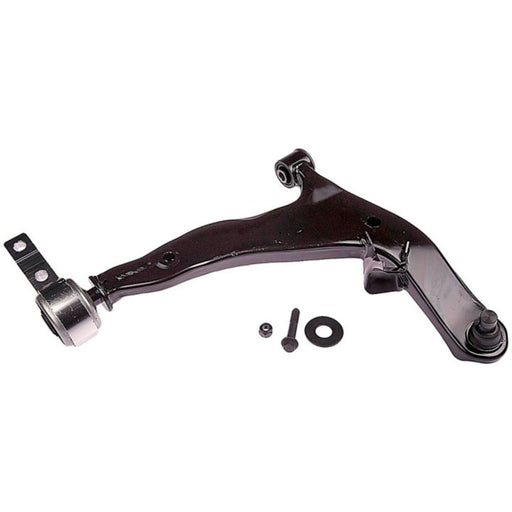 The CB69124 ProSeries OE+ Control Arm is a black metal car control arm featuring a rubber bushing and ball joint, accompanied by several small black components.