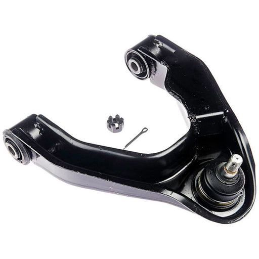 The CB69067 ProSeries OE+ Control Arm in black metal features an attached ball joint and is showcased with a small pin and retainer clip on a white background.