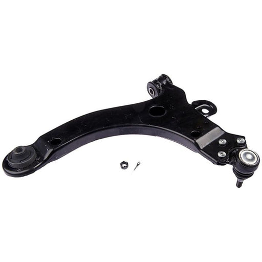 A CB90024 ProSeries OE+ Control Arm in black metal, complete with a ball joint and additional small parts, set against a white background.