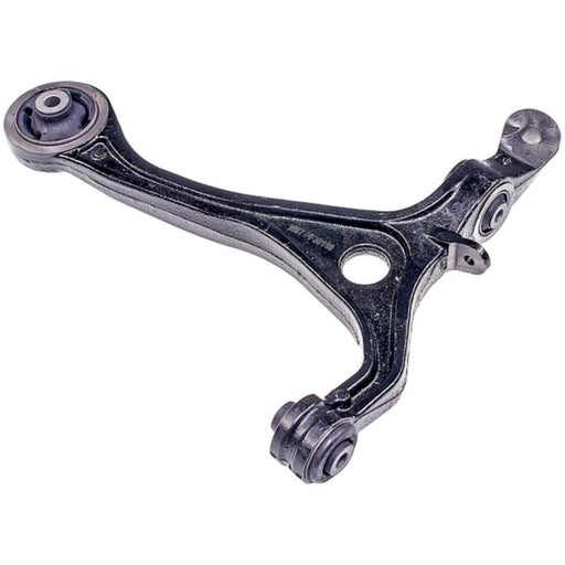 The CA59504 ProSeries OE+ Control Arm is a black metal control arm for a vehicle, featuring bushings at each end and a hole in the middle section.