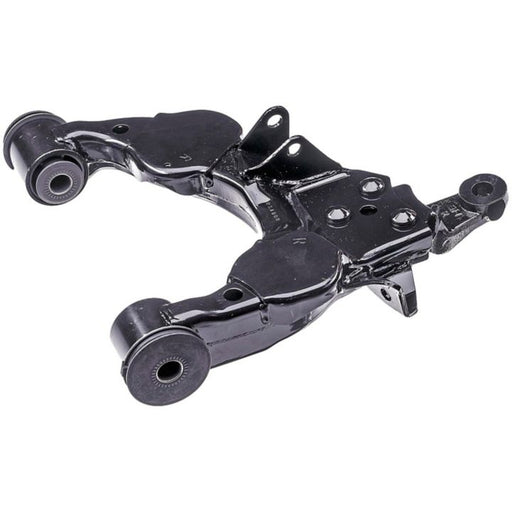 The CA74344 ProSeries OE+ Control Arm is a black metal suspension component featuring rubber bushings, engineered for vehicle stability and precise wheel alignment.