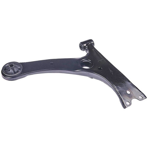 The CA74384 ProSeries OE+ Control Arm, a black metal component, features mounting points and a bushing, and is used in the suspension system.