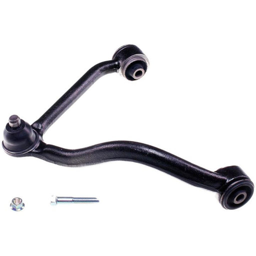 A CB63067 ProSeries OE+ Control Arm, featuring a sleek black metal design, shown with an accompanying bolt and nut placed beside it against a white background.
