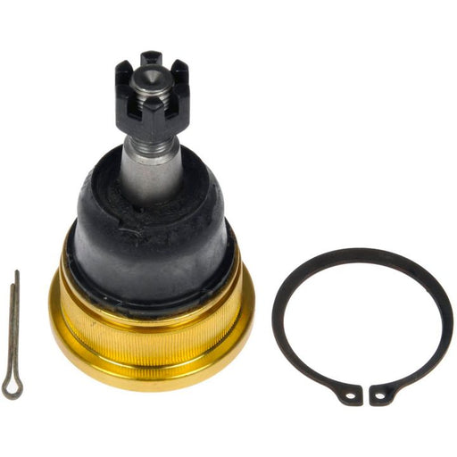 Close-up of the BJ81325 ProSeries OE+ Ball Joints kit, featuring a gold base, black boot, cotter pin, and circlip, isolated on a white background.