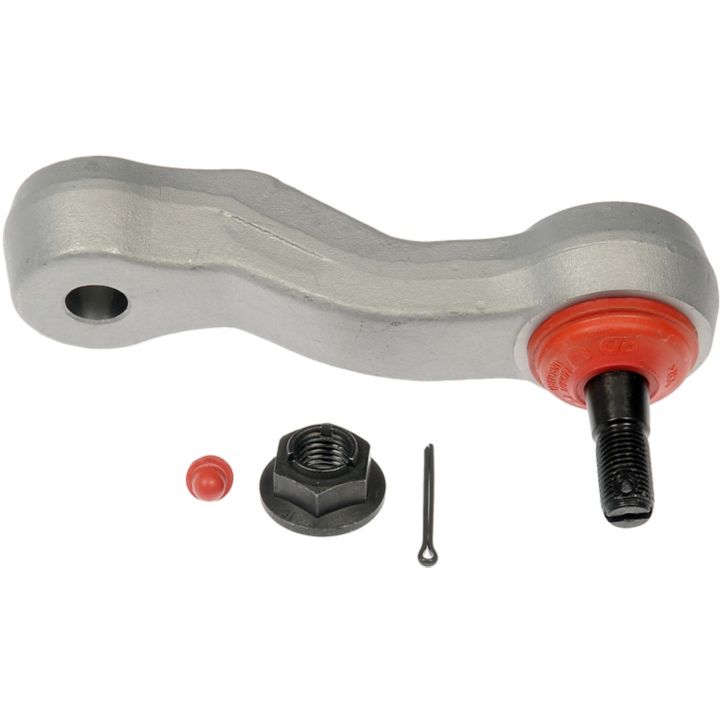 The IB90116RD PRO-SERIES XD Idler and Pitman Arms features an automotive steering arm with a red end, accompanied by a nut, pin, and cap on a white background.