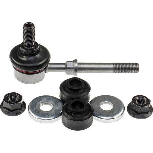 A SL68095XL ProSeries OE+ Stabilizer Link with circular ends, washers, nuts, and rubber grommets arranged on a white background.