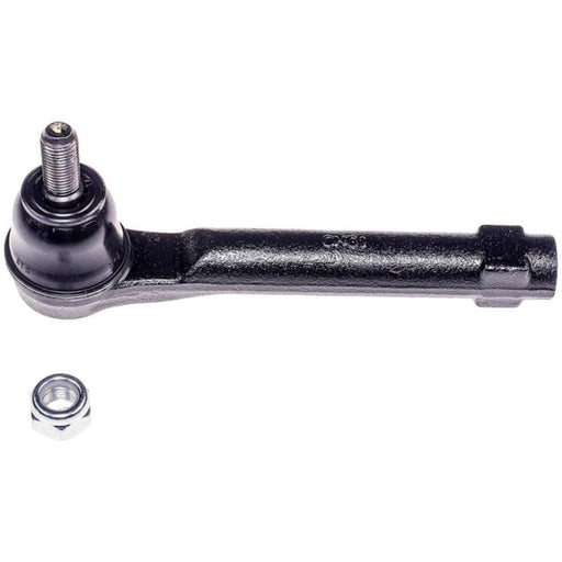 Close-up of a TO59365 ProSeries OE+ Tie Rod, black metal, with an accompanying nut placed beside it on a white background.
