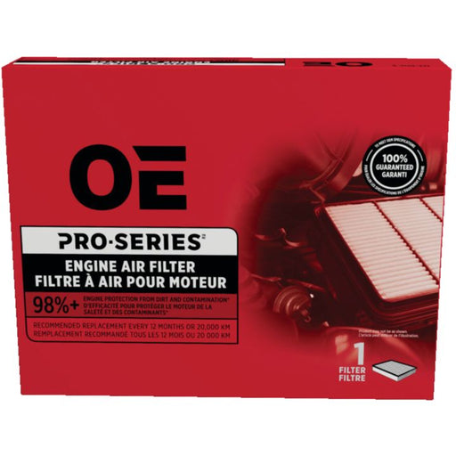 PCA12050 Pro Series Air Filter box featuring an image of the filter and text highlighting 98%+ engine protection along with replacement information.