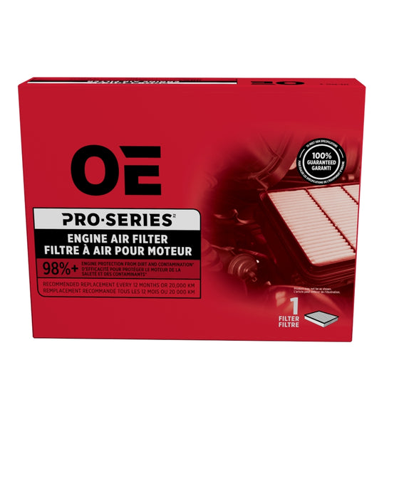 Red box labeled "PCA10470 Pro Series Air Filter" featuring an image of an air filter and accompanying product specifications.