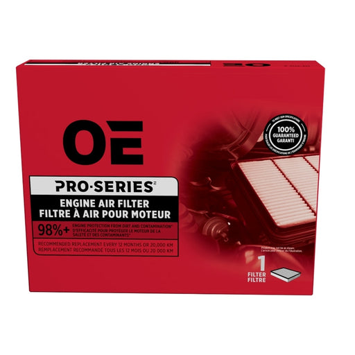 Red box of PCA10171 Pro Series Air Filter with a white filter image and text in English and French.