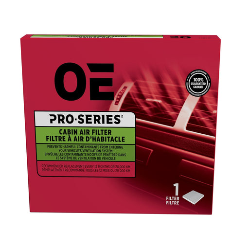 Red box labeled "PCF10133 Pro Series Cabin Air Filter" with filter image and specifications in both English and French.
