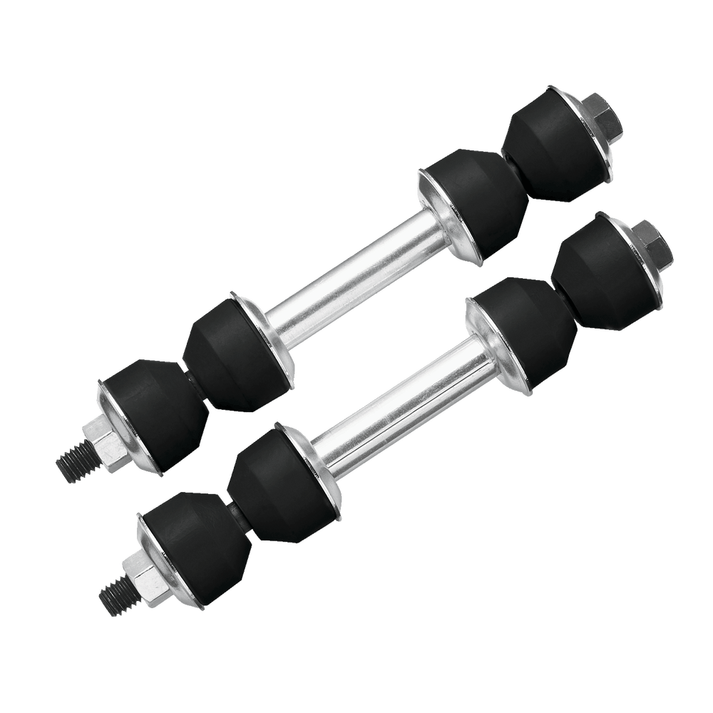 Two 304750058 Pro-Series OE Stabilizer Links, featuring silver metal bodies with black bushings, displayed on a white background.
