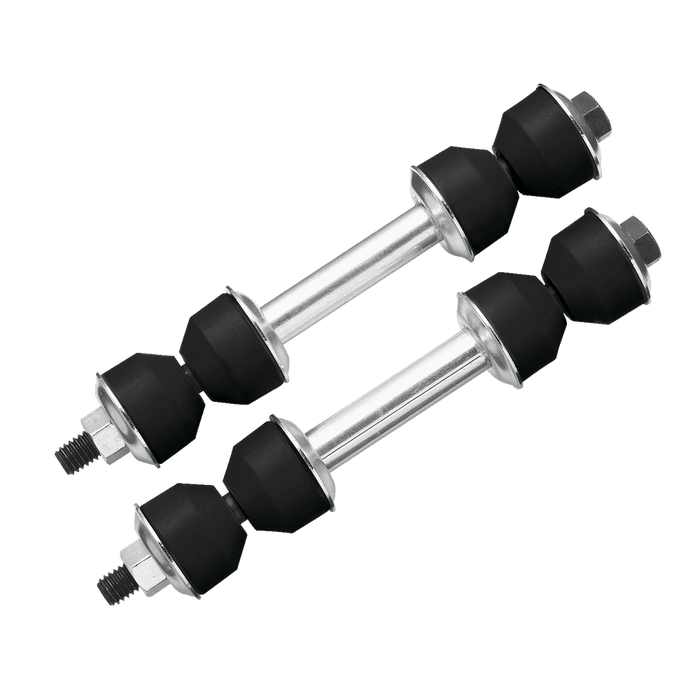 Two 304750058 Pro-Series OE Stabilizer Links, featuring silver metal bodies with black bushings, displayed on a white background.
