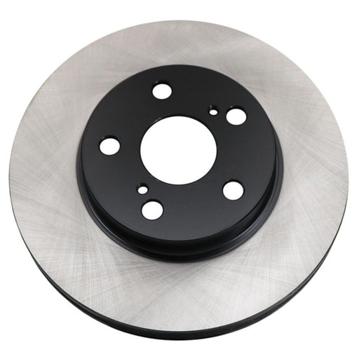 The C08142 ProSeries OE+ Brake Rotor is a round disc with a shiny silver outer ring and a black central hub featuring various circular holes.