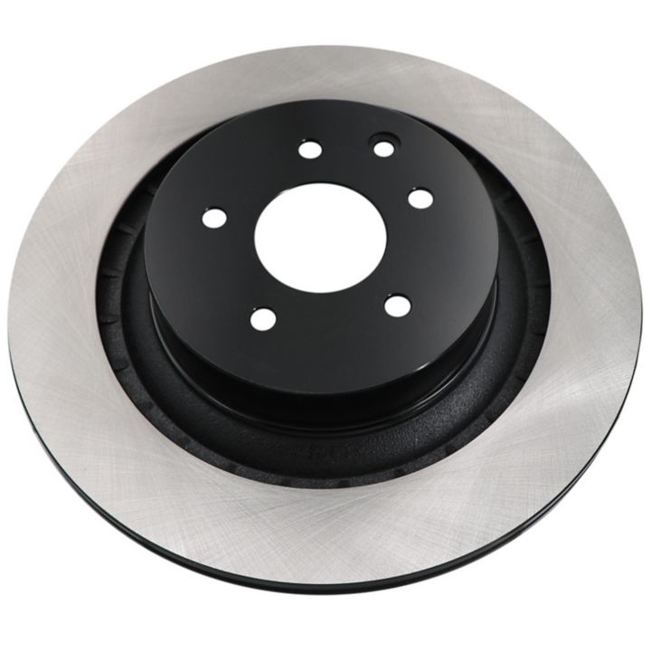 A close-up of the C08210 ProSeries OE+ Brake Rotor, showcasing its black center and shiny silver outer ring.