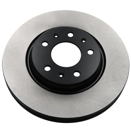 Close-up of a single C08524 ProSeries OE+ Brake Rotor with a black center and silver outer edge, designed for vehicle braking systems.