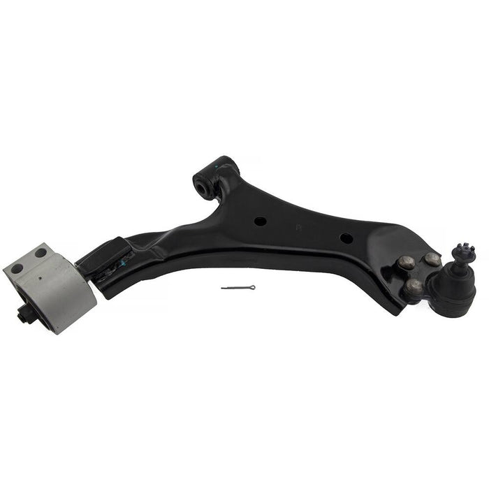 Close-up of a 25848406 Pro-Series OE Control Arm With Ball Joint - Front - Upper, featuring black metal construction with bushings and a ball joint, against a white background.