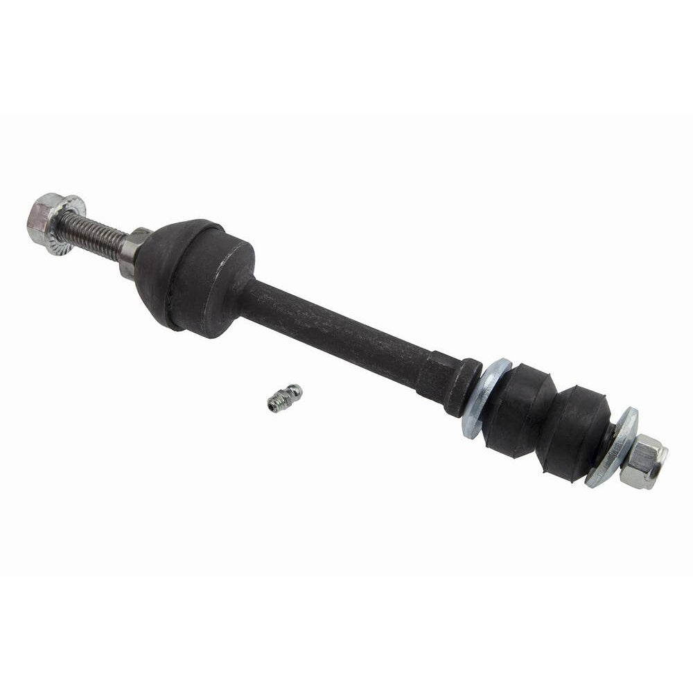The 304750157 Pro-Series OE Stabilizer Link is a metal rod equipped with a threaded bolt, rubber bushings, and washers, designed for use in automotive or machinery applications.