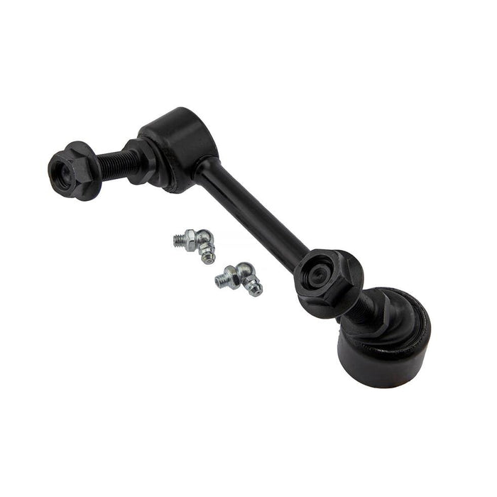 304750579 Pro-Series OE Stabilizer Link Kit, featuring a black metal suspension stabilizer bar link with four accompanying bolts, photographed on a white background.