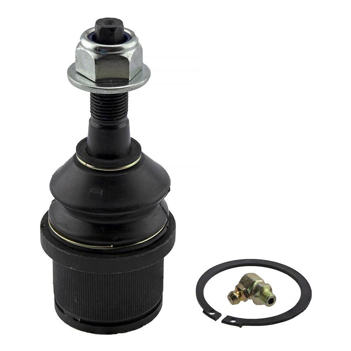 A 30480765 Pro-Series OE Ball Joint in black, accompanied by hardware including a nut, bolt, and circular clip, set against a white background.