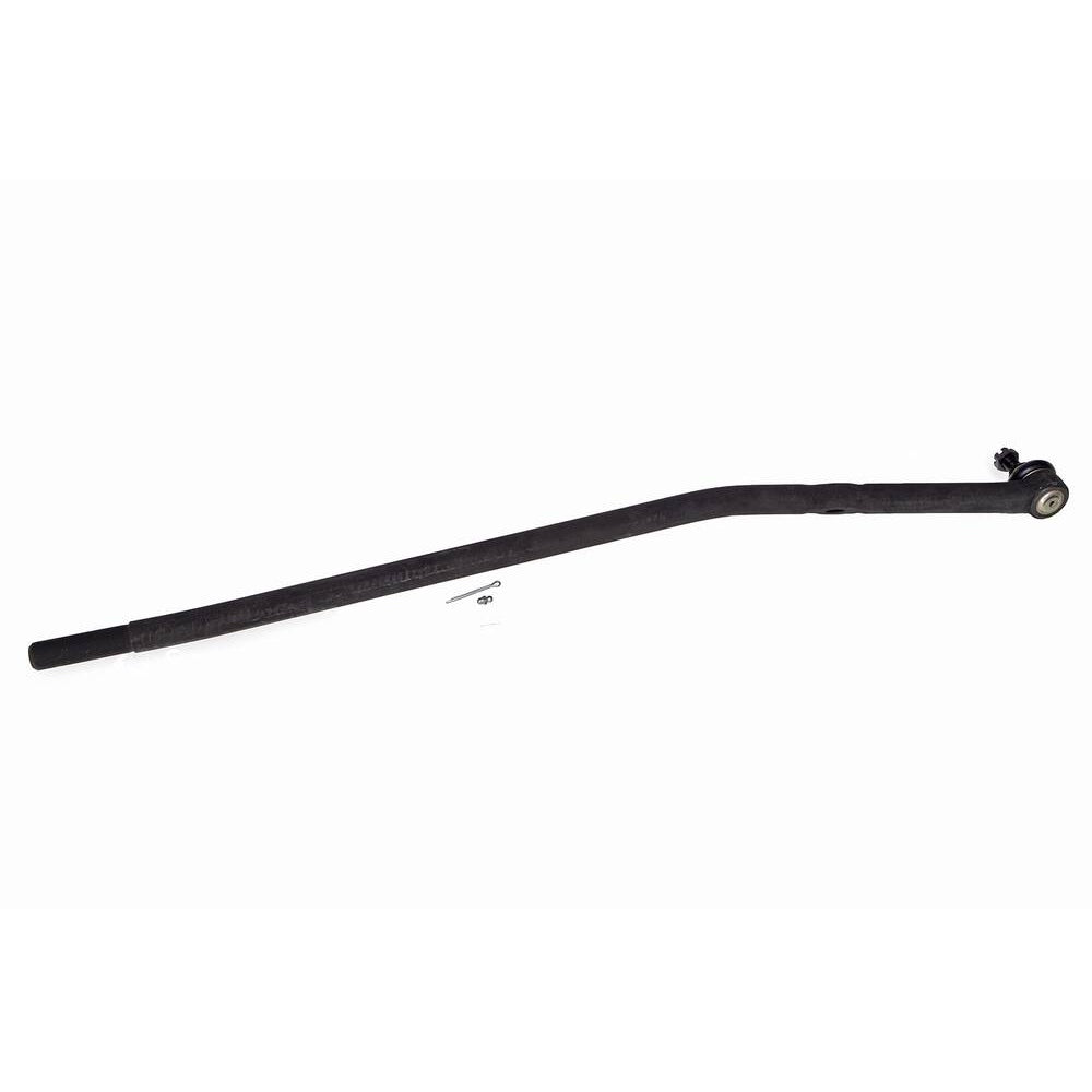 A 3541287 Pro-Series OE Tie Rod in black for vehicle suspension, featuring a curve at one end along with a small clip and pin beside it, displayed on a white background.