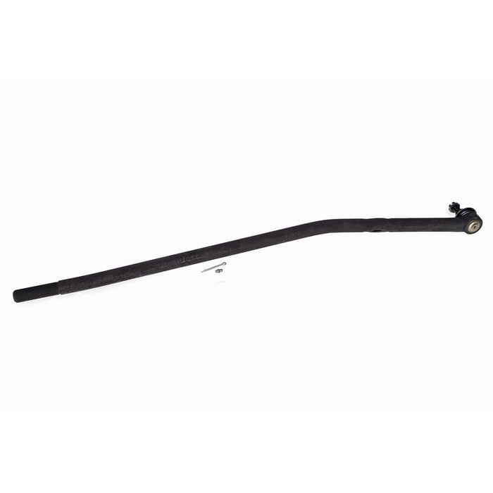 A 3541287 Pro-Series OE Tie Rod in black for vehicle suspension, featuring a curve at one end along with a small clip and pin beside it, displayed on a white background.