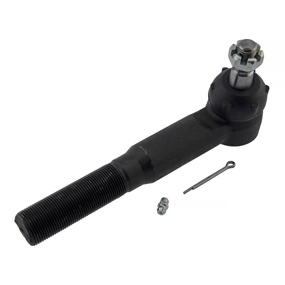 A 3543417T Pro-Series OE Tie Rod in black, featuring a cotter pin and nut cap on the threaded end, is lying next to detached pins.