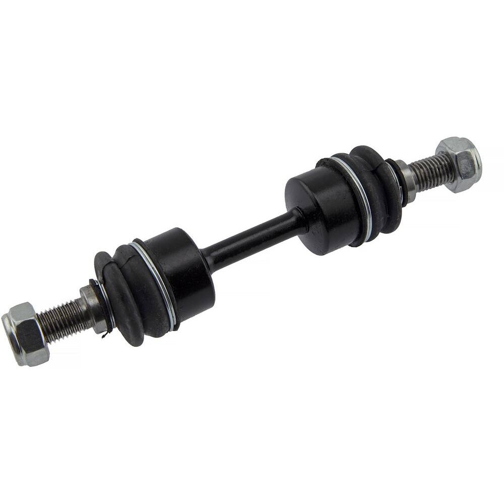 The 354750074 Pro-Series OE Stabilizer Link is a black metal component featuring bolts and bushings on both ends, designed for use in vehicle suspension systems.