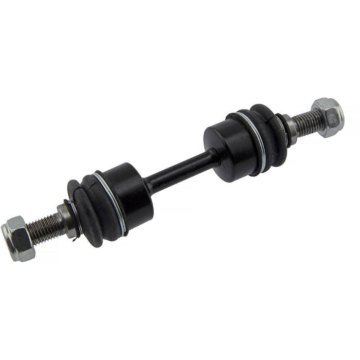 The 354750074 Pro-Series OE Stabilizer Link is a black metal component featuring bolts and bushings on both ends, designed for use in vehicle suspension systems.