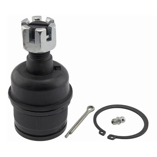 A 35480027 Pro-Series OE Ball Joint in black, accompanied by a cotter pin, a snap ring, and a small bolt placed beside it.