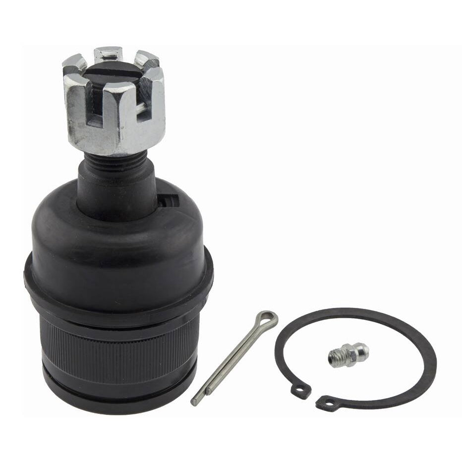 A 35480027 Pro-Series OE Ball Joint in black, accompanied by a cotter pin, a snap ring, and a small bolt placed beside it.