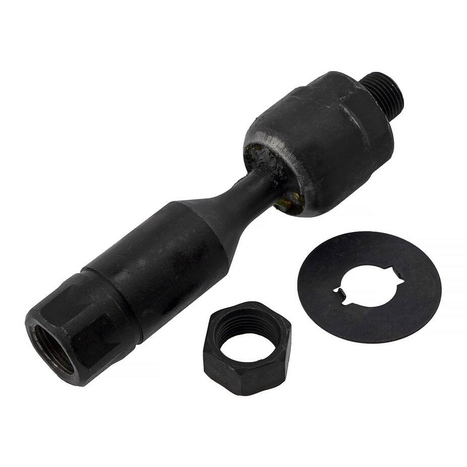 The 4550339075 Pro-Series OE Tie Rod in black, complete with a nut and washer, isolated on a white background.
