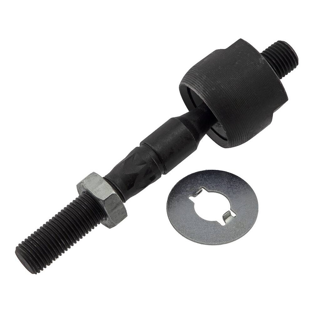 A 53010SDBA01 Pro-Series OE Tie Rod is a black, cylindrical, heavy-duty automotive tool featuring a threaded rod and an accompanying metal washer, set against a white background.