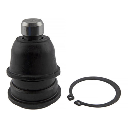 A 545303B000 Pro-Series OE Ball Joint in black, featuring a circular retaining ring next to it, set against a white background.