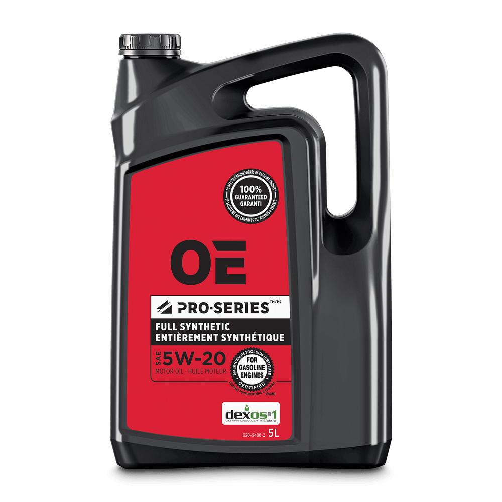 A black 5-liter container of motor oil, featuring a red label that reads "PRO-SERIES 5W20 Synthetic Engine Oil, 5-L," designed for gasoline engines.