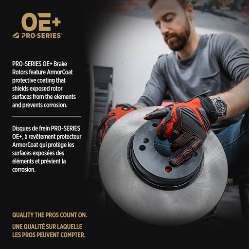 A man in gloves inspects a brake rotor. Text explains features of the C30347 ProSeries OE+ Brake Rotor, Front.